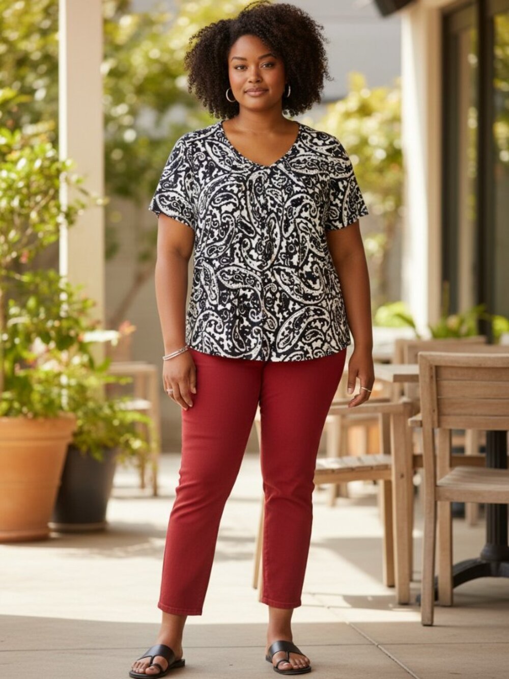 Allison Daley Petite Womens Black White Paisley Short Sleeve Top PM/M